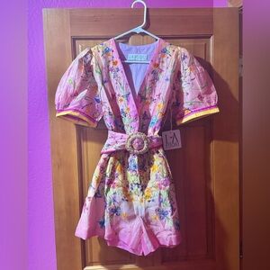 La Fuori Floral Pink Silk linen Beaded Romper